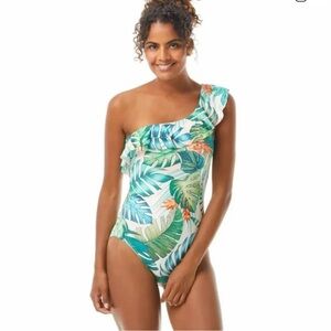 Vince Camuto Tropical Leaf One-Shoulder Swimsuit